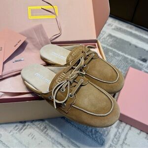 Miu Miu Camel Suede Lace-Up Mule Loafers